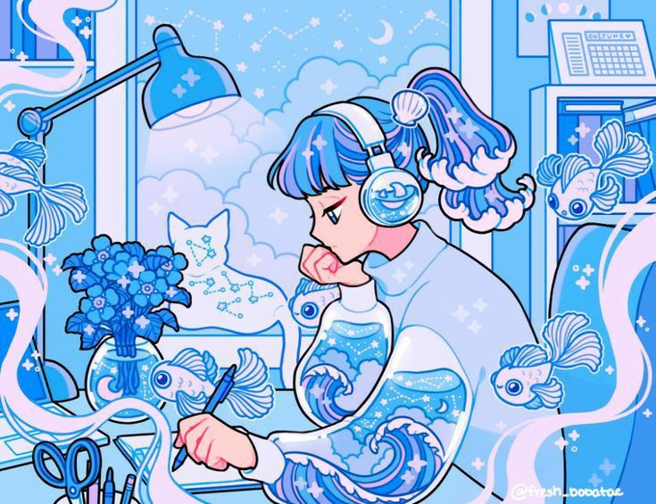 a woman with blue hair sitting in front of a window next to a vase filled with flowers