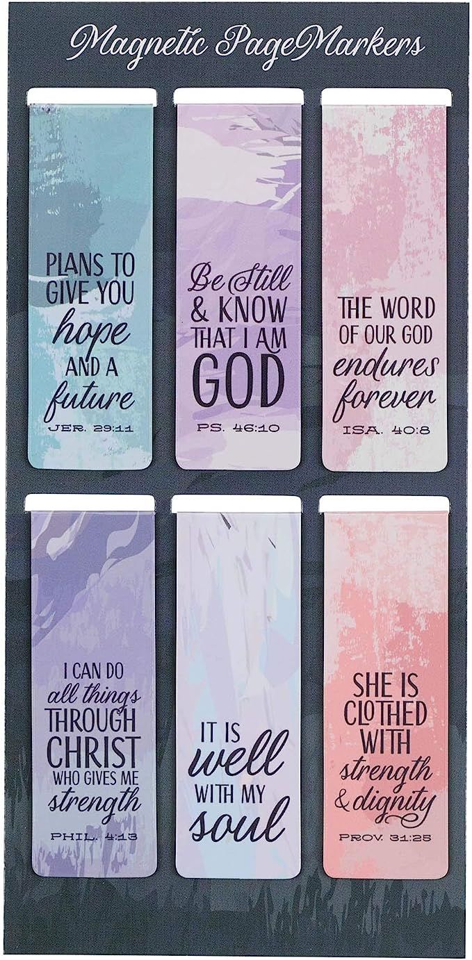 six bookmarks with bible verses on them in pastel colors and black background