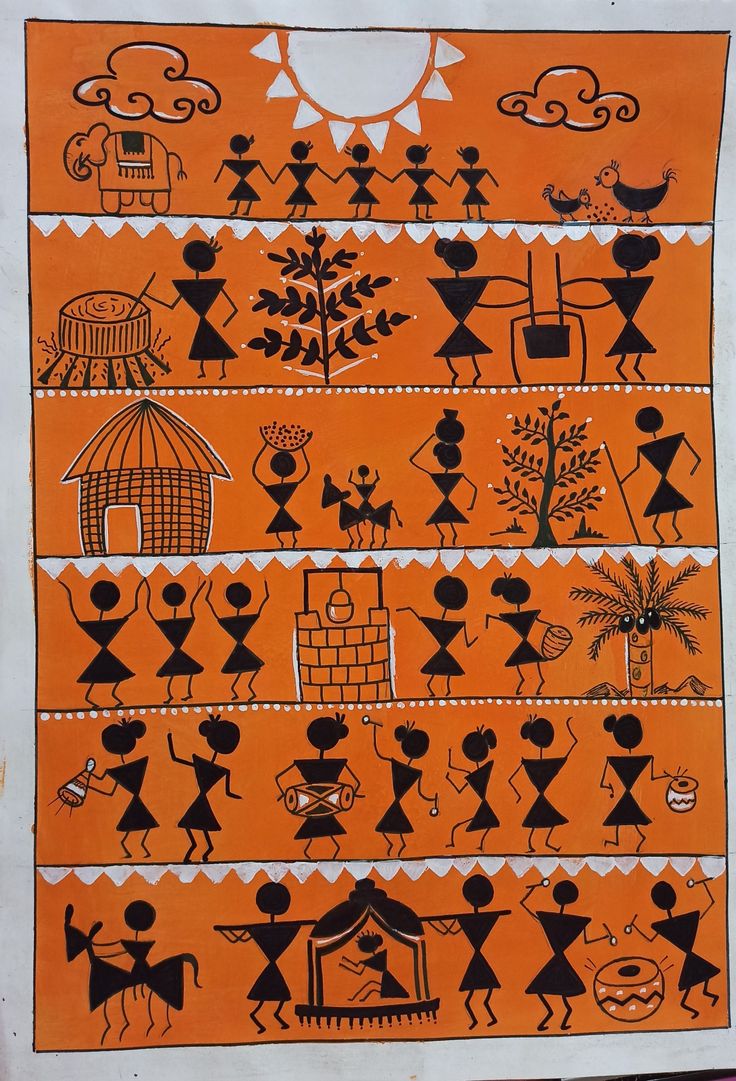 an orange wall hanging with black and white designs on it, depicting people in different places