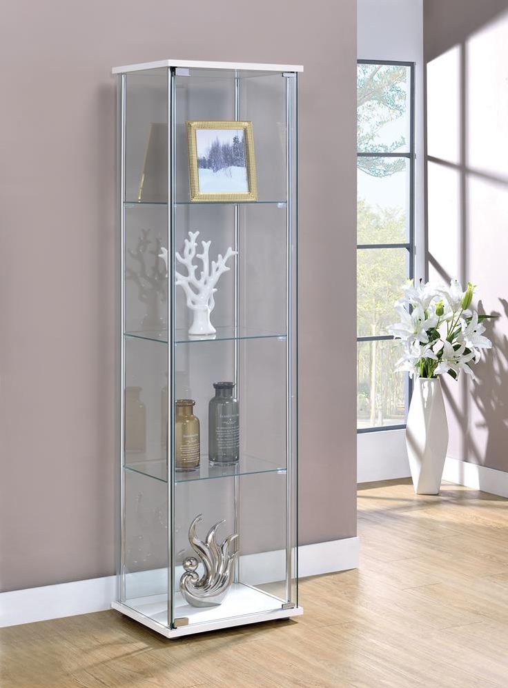 Bellatrix Rectangular 4-shelf Curio Cabinet White and Clear - 951072 - Luna Furniture White Curio Cabinet, Curio Cabinet Displays, Glass Curio Cabinets, Glass Display Case, Cabinet Glass, Glass Cabinets Display, Tempered Glass Shelves, Glass Display, Curio Cabinet