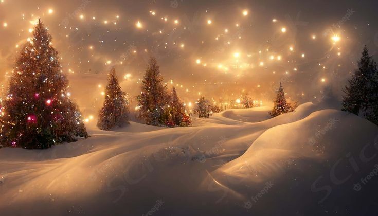 christmas trees are lit up in the snow at night with bright lights and stars above them