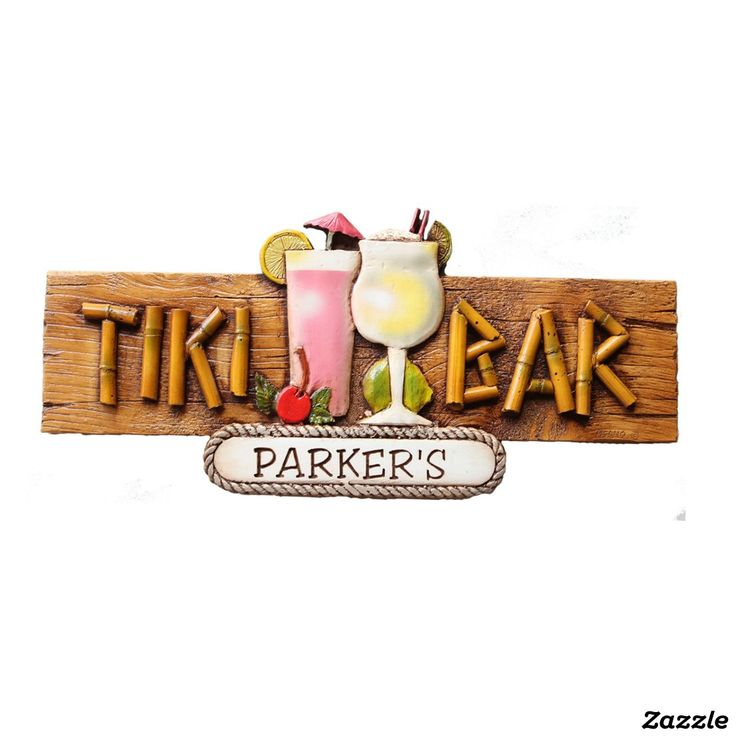 a wooden sign that says tiki bear with two drinks on it and the words parker's