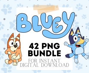 the bluey logo with two cartoon cats and a dog on it's back