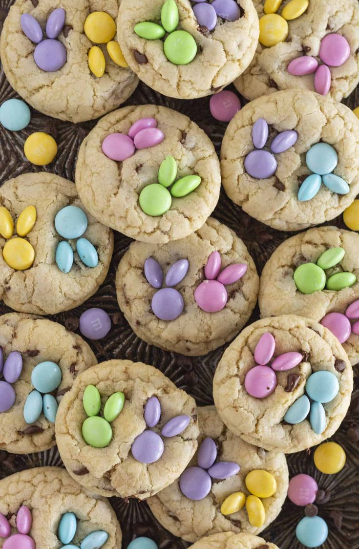 chocolate chip cookies decorated with easter eggs and candy