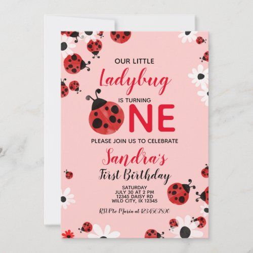 ladybug birthday party card with pink background