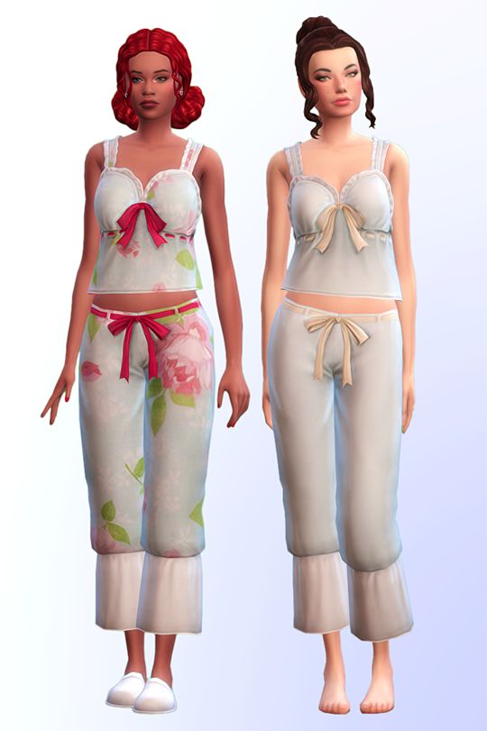 two women in pajamas and bras standing next to each other on a white background