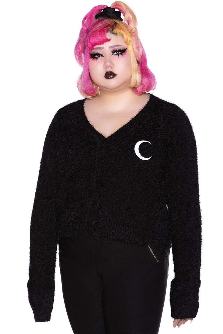 CRESCENT.  The moon has awoken, with the sleep of the sun. The light has been broken, the spell has begun. - Super-Soft Fabric.- Buttoned Front.- V-Neck.- Long Sleeves.- Fitted. Look cute as hell in the 'Crescent' knit cardigan; in a soft knit jersey for a comfortable yet flattering fit. Features buttoned front and long sleeves. Complete with a V neck and crescent moon detail. Super versatile and easy to style, ideal for layering and perfect for any day of the week. Mix and match with everything - blends perfectly with yer outfits! Wash Cold - Gentle Cycle. With KILLSTAR Branding, 100% Acrylic. Killstar Dress, Super Models, 2010 Fashion, The Spell, Plus Size Cardigans, Alternative Outfits, Knitwear Women, Cute Tops, Soft Knits