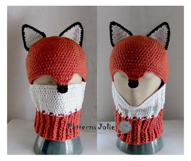 two pictures of a knitted fox mask on a mannequin's head