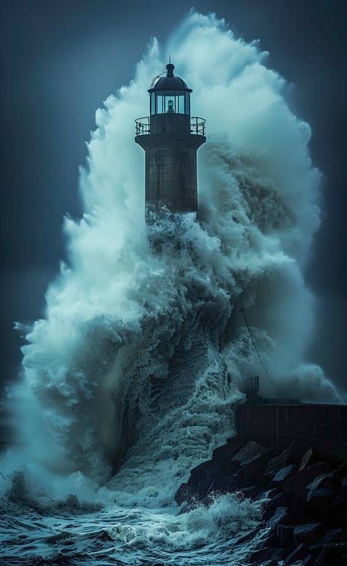 the lighthouse is surrounded by huge waves in the dark sky, and it appears to be crashing into the water