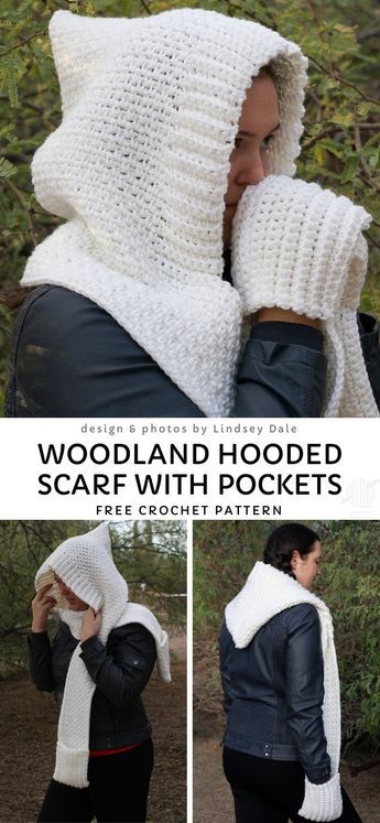 a woman wearing a hooded scarf with hoods on her head and the words, woodland hooded scarf with pockets