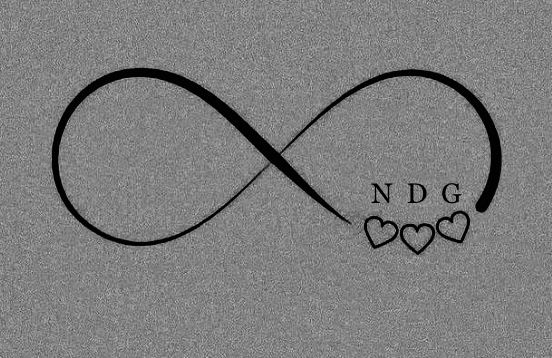 an infinite love symbol with three hearts on it and the letter ndg written in black ink