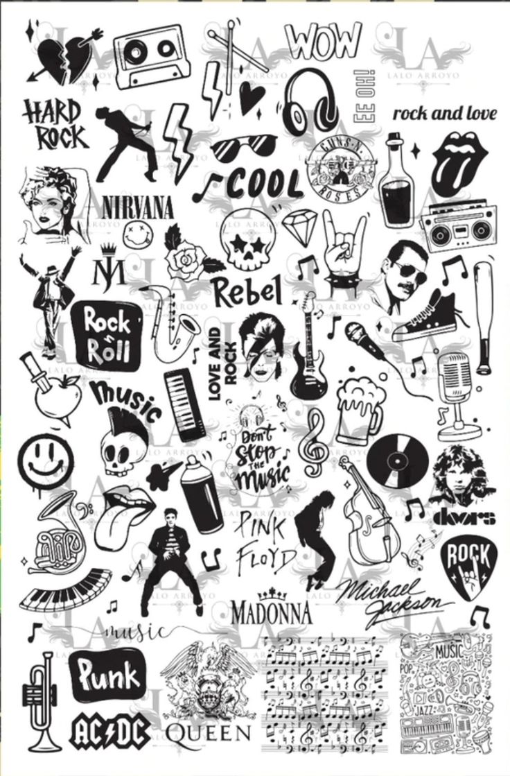 a poster with various stickers on it and the words rock and roll written in different languages