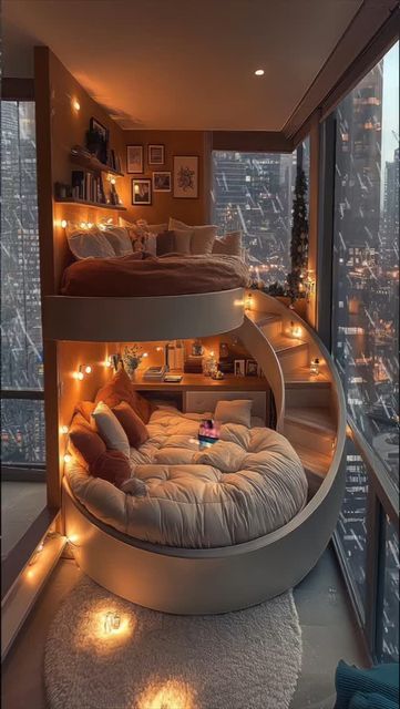 a bedroom with a spiral bed in the middle and lots of lights on the floor