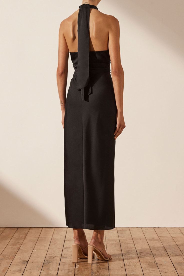 Luxe Gathered Halter Midi Dress | Onyx | Dresses | Shona Joy – Shona Joy International Evening Midi Dress With Fitted Bodice And Halter Neck, Summer Gala Midi Dress With Tie Back, Solid Backless Midi Dress For Evening, Halter Neck Midi Dress With Tie Back For Evening, Backless Midi Dress For Evening, Fitted Halter Neck Maxi Dress For Dress Down, Fitted Halter Neck Maxi Dress For Casual Occasions, Fitted Halter Neck Maxi Dress For Casual Wear, Sleek Spring Maxi Dress With Halter Neck