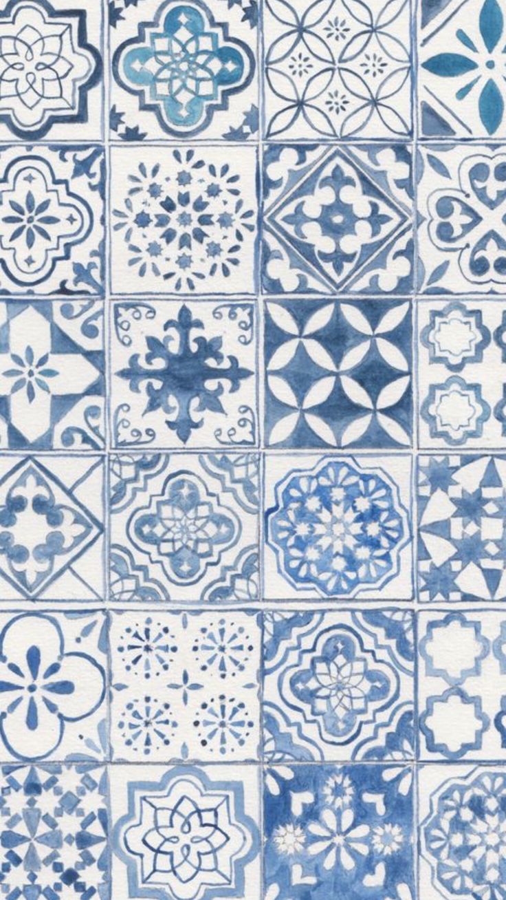 blue and white tiles with different designs on them