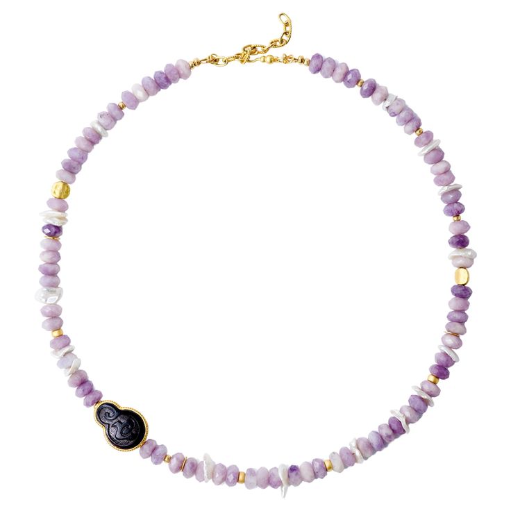 Unleash your inner radiance with this Purple Kunzite necklace. This piece is more than an accessory; it is a statement of your unique essence. You will feel a luminous confidence and a sense of being utterly singular, as though each facet of the gemstone reflects your innermost brilliance. • 18" Total Length + 2" Adjustable Extension • Purple Kunzite Beads 5mm x 8mm, From Afghanistan • Black Ebony 16mm x 25mm, Double Sided, From HangZhou China • Natural Petal Baroque Pearls 10 mm x 13mm, From Ha Luxury Amethyst Pendant Necklace, Purple Gemstone Amulet Necklace, Luxury Lavender Jewelry As A Gift, Luxury Handmade Adjustable Necklace, Lavender Natural Stones Jewelry For Meditation, Purple Amethyst Amulet Necklaces, Luxury Handmade Beaded Necklace As Gift, Purple Amethyst Amulet Necklace, Luxury Handmade Beaded Necklace For Gift