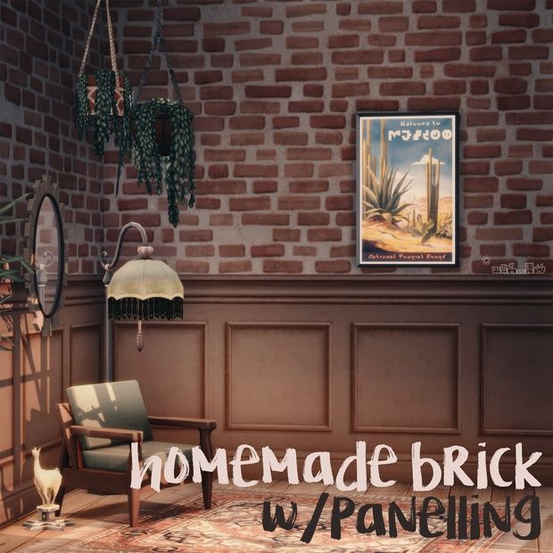 a living room filled with furniture and a brick wall next to a painting on the wall