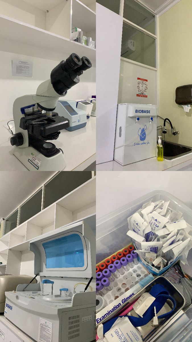 two pictures show the inside of a lab with microscopes and other medical equipment in it