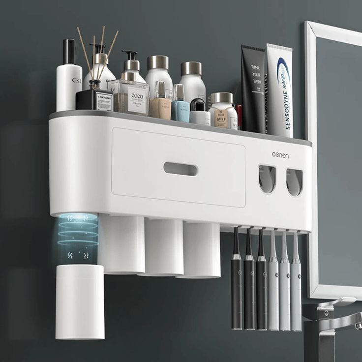 a white shelf filled with lots of different types of personal care items and toothbrushes