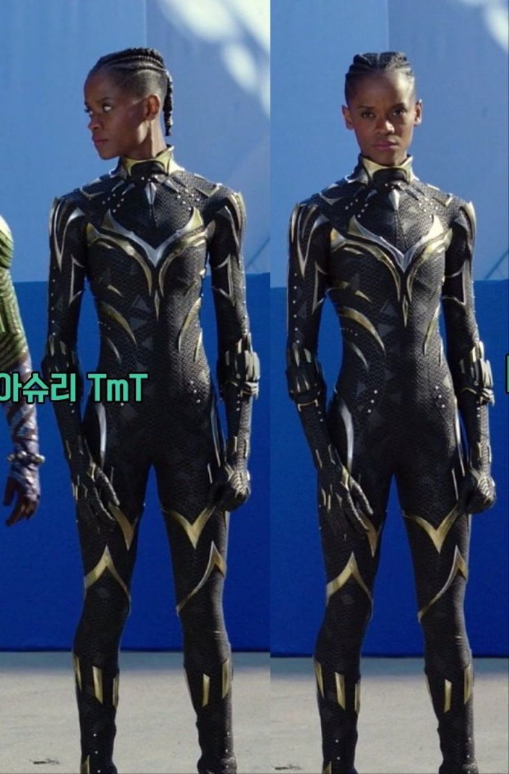 two pictures of a woman in black and gold bodysuits standing on the street