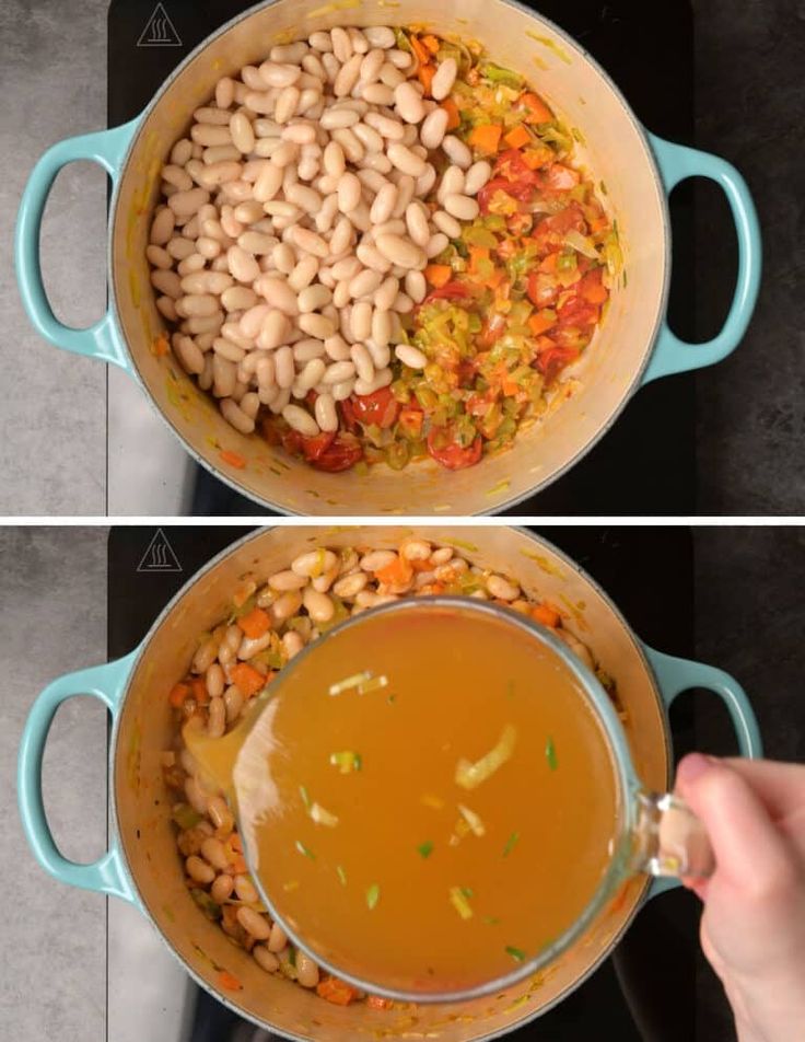 two pictures showing the process of cooking beans and broth