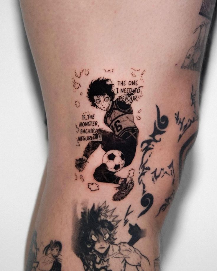 a man's leg with tattoos on it and an image of the same character