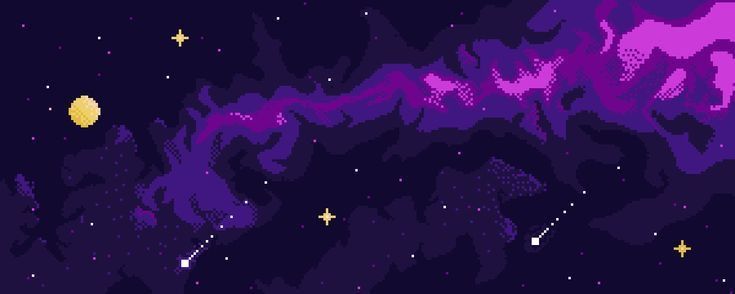 an old pixel style space scene with stars and clouds