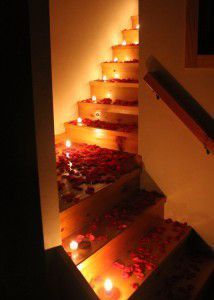 some candles are lit on the stairs