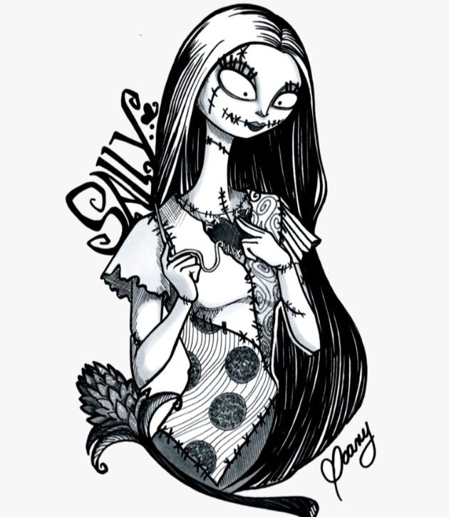 a drawing of a girl with long hair and a skeleton face on her chest, holding a