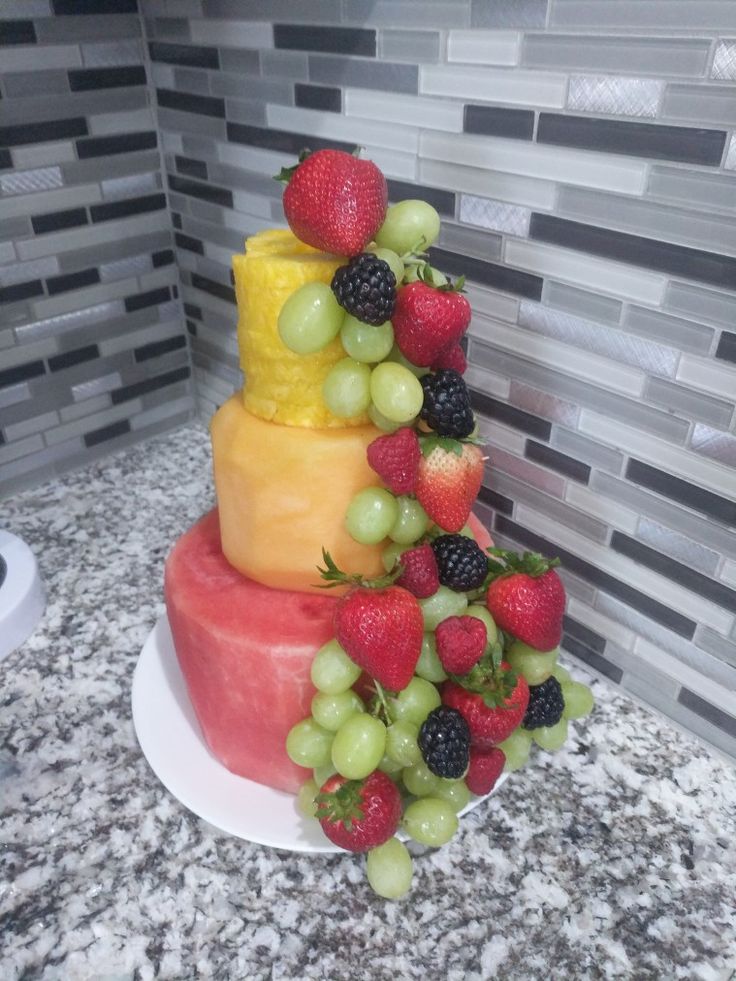 Fruit Cake, Watermelon Pineapple Cantaloupe Berries Healthy Wedding, Colorful Cake Made From Fruit Only, Birthday Cake Made From Fruit, Tiered Fruit Cake, Cake Out Of Fruit, Birthday Cake Made Out Of Fruit, Fruit Bday Cake, Fruit Shaped Cake, Cakes Made Out Of Fruit, Cake Made From Fruit