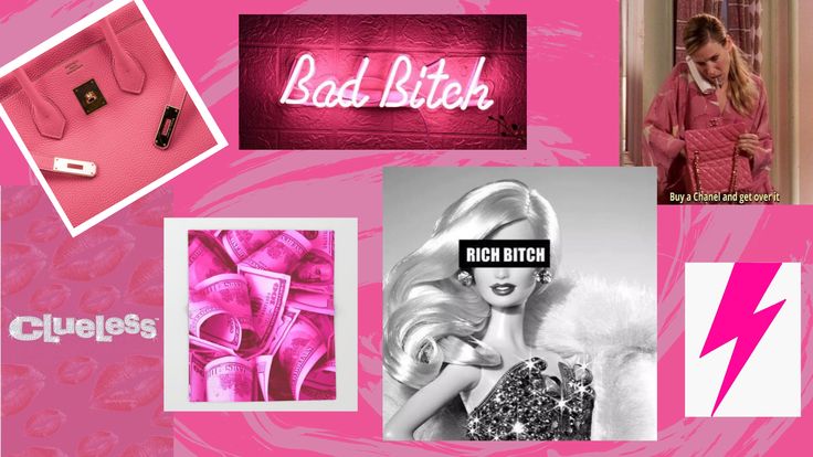 the collage shows barbie dolls, lipstick, purses and other items in pink