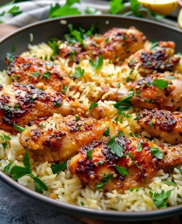 chicken and rice in a pan with lemon wedges on the side, garnished with parsley