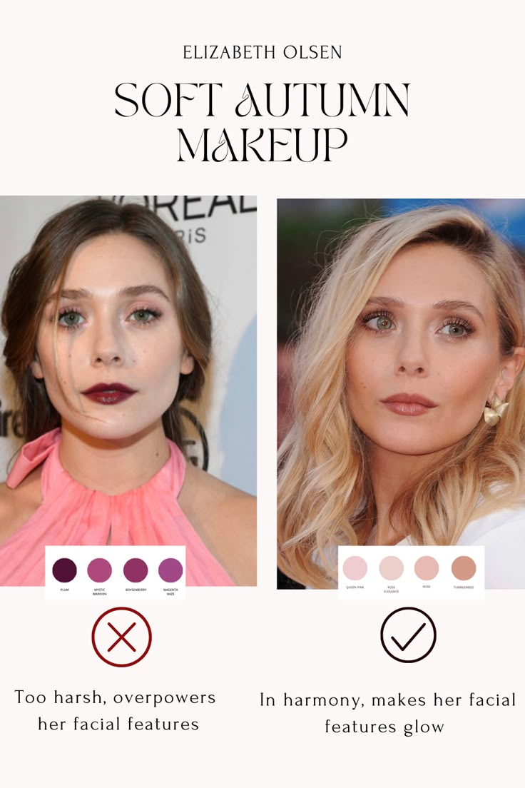 Soft Autumn Makeup Elizabeth Olsen Muted Makeup, Autumn Mute, Color Season Analysis, Soft Autumn Makeup, Season Analysis, Autumn Color Palette Fashion, Soft Autumn Palette, Autumn Skin, Soft Autumn Color Palette