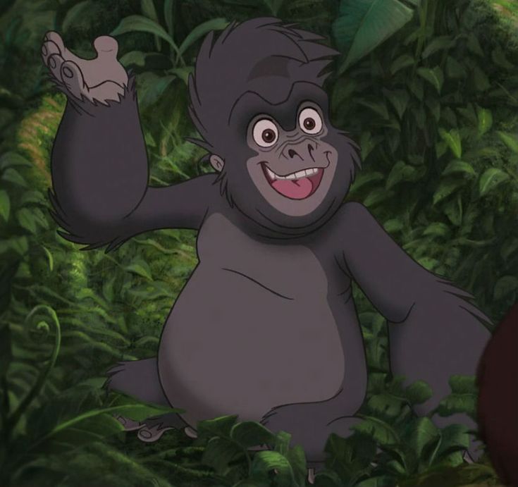 an animated gorilla standing in the jungle with his arms out and eyes wide open, smiling