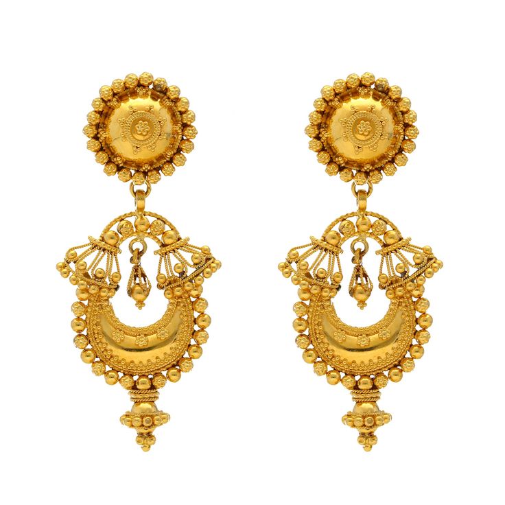 Virani Jewelers presents a golden display of cultural excellence with these 22K gold beaded Chandbali earrings.The interplay of delicate beading enhances the mesmerizing waterfall effect of these Chandbali earrings, capturing the essence of refined elegance. Adorn your ears with this pair of fine gold Chandbali earrings—a masterpiece that harmonizes modern style with the rich tradition of 22K gold Indian jewelryFeatures.• 22k yellow gold• Beaded detailsSpecifications:• Minimum Width - 1 millimet 22k Gold Chandbali Earrings For Navratri, Gold Fusion Hoop Earrings With Latkans, 22k Gold Chandbalis For Navratri, Navratri 22k Gold Chandbalis, Temple Jewelry Style Ceremonial Chandelier Earrings For Festivals, Ceremonial Temple Jewelry Chandelier Earrings For Festivals, Fusion Style Yellow Gold Chandbali Jhumkas, Temple Jewelry Chandbali Bridal Earrings In Yellow Gold, Temple Jewelry Yellow Gold Chandbalis For Festivals