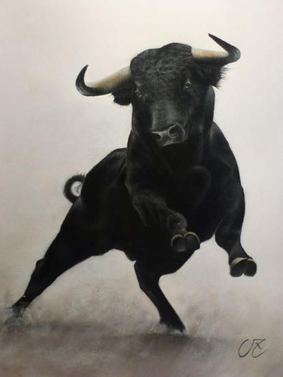 a drawing of a black bull is shown in the air with it's front legs spread out