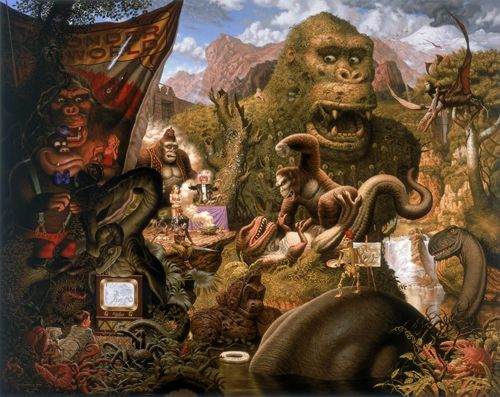 an image of a group of people surrounded by animals and other things in the background