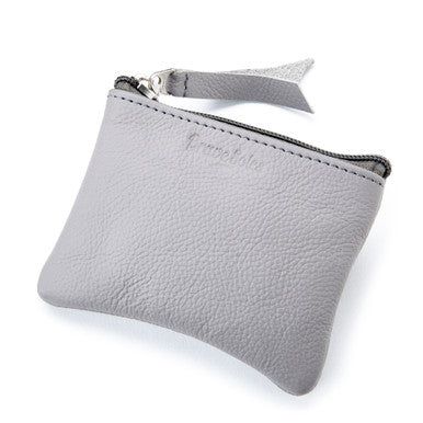 a small gray leather pouch with a zipper