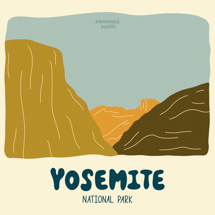 the yosemite national park poster is shown in blue, yellow and brown colors