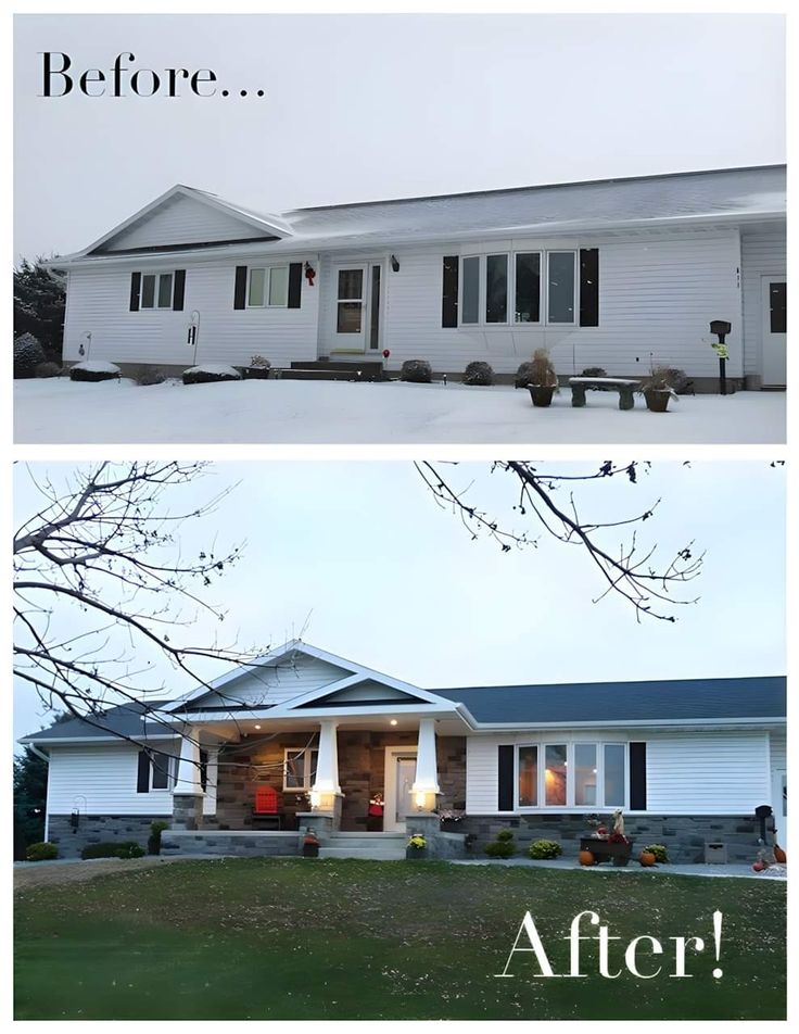 before and after photos of a house in the winter, with snow on the ground