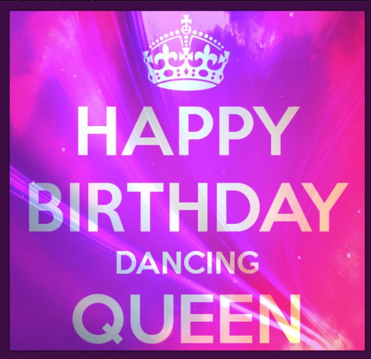 happy birthday dancing queen poster with crown on purple and pink background, text reads happy birthday dancing queen