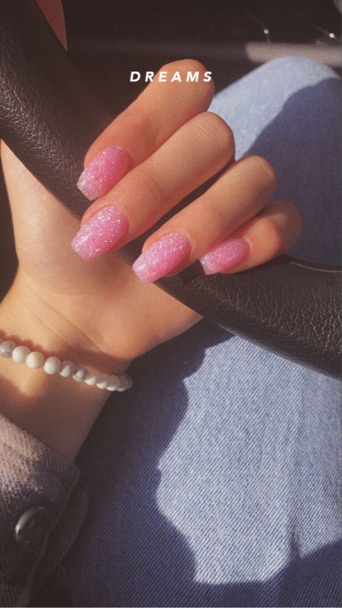 Classy Pink Nails Glitter, Pink Sparkly Acrylic Nails Square, Pink Glitter Biab Nails, Prom Nail Inspo Pink, Short Acrylic Nails Square Pink Sparkle, Sparkles Pink Nails, Simple Pink Glitter Nails, Pink Nail Designs Sparkle, Short Nail Designs Pink Glitter