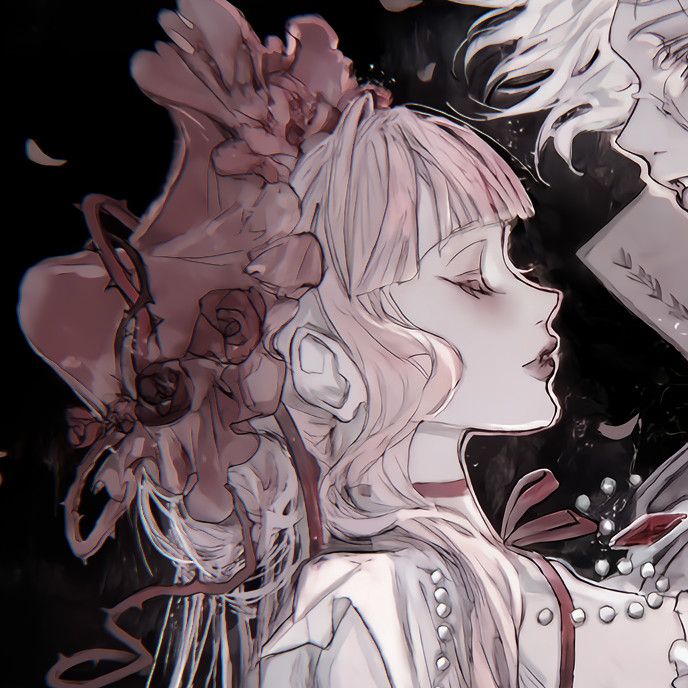 two anime characters are kissing each other in front of a black background with flowers and leaves