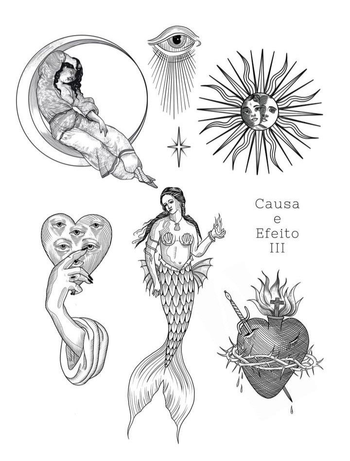 four different tattoo designs on a white sheet with the words causa efftto ii