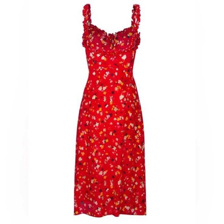 Time To Bring The Heat In This Hot Little Number!! Silky Floral Print Dress That Buttons Up The Entire Front. Cute Ruffle Spaghetti Straps With Stitching Under The Bust. Note: Runs Extremely Small. 89% Nylon, 11% Elastane. Wash With Similar Colors. Imported. Red Midi Sundress For Garden Party, Red Floral Print Sundress For Party, Red Floral Sundress With Spaghetti Straps, Red Sundress For Spring Garden Party, Red Floral Print Sundress With Spaghetti Straps, Red Sundress For Date Night In Summer, Red Sundress For Summer Date Night, Red Sundress For Summer Garden Party, Red Sleeveless Sundress For Garden Party