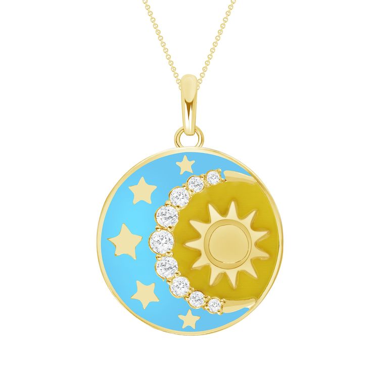 Day and Night Blue Enamel CZ Pendant NecklaceThis beautiful pendant necklace is unique as it features both a sun and moon. It represents accepting that opposing powers like the sun and moon can exist as one. Product Information:Metal: Yellow Gold, Rose Gold, White Gold and Sterling Silver Gold Purity and Weight: 10K Gold - 3.1g., 14K Gold - 3.2g., 925 Sterling Silver - 3g. Approx. Dimensions: 18 mm. x 18 mm. SKU: M1896AMade in Los Angeles, CA Moon Shaped Celestial Necklace With Sun And Moon Design, Celestial Moon-shaped Necklace With Sun And Moon Design, Celestial Moon Necklace With Sun And Moon Design, Celestial Sun And Moon Necklace, Celestial Jewelry With Sun And Moon Designs, Celestial Sun And Moon Yellow Gold Jewelry, Celestial Sun And Moon Jewelry, Celestial Sun And Moon Design Jewelry, Celestial Style Necklace With Large Round Pendant