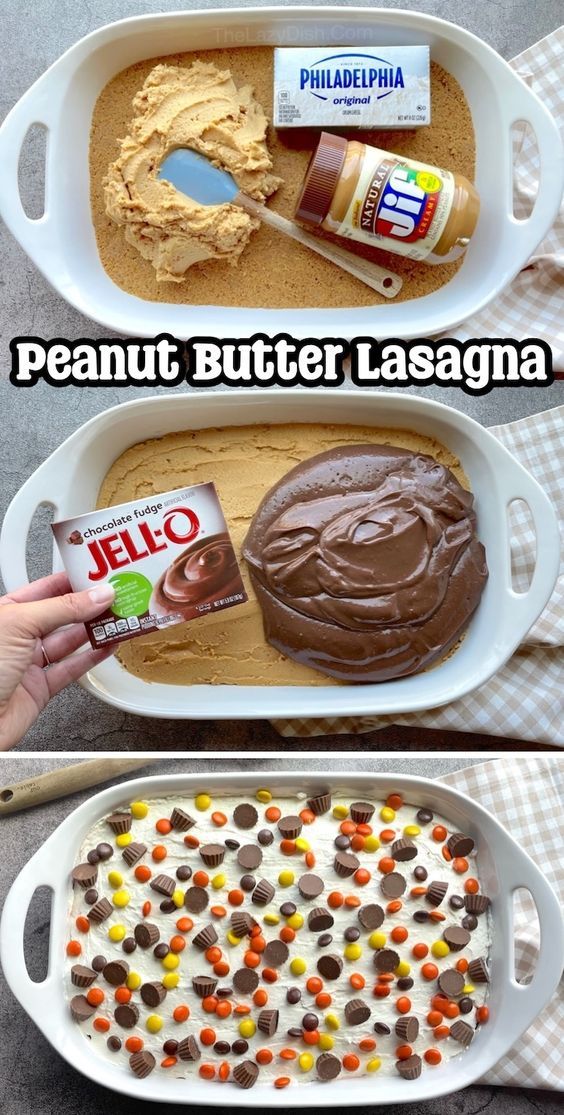 peanut butter lasagna in a baking dish with chocolate and marshmallows