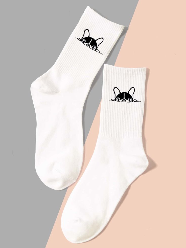 White    Polyester Animal Crew Socks Embellished   Women Socks & Hosiery Cute Cheap Socks For School, Cute Cheap School Socks, Cheap Cute Cotton Socks, Cheap Trendy Socks With Letter Print, Affordable White Socks With Letter Print, Branded Socks, Aesthetic 2024, Trendy Socks, Stylish Socks