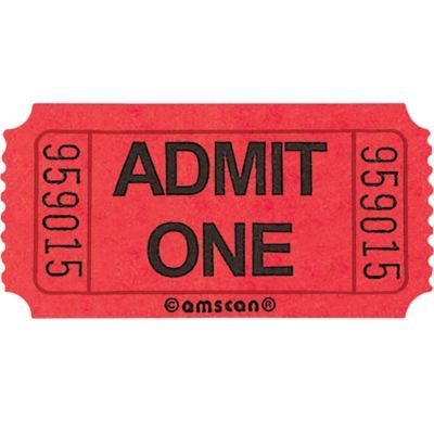 a red ticket with the words admit one on it