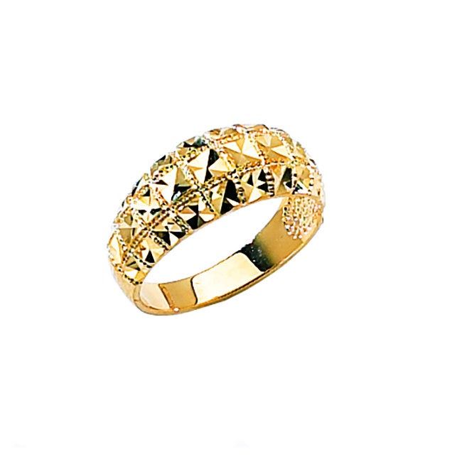 "14k yellow gold diamond cut fancy ring. measures 1/4\" wide." Gold Diamond Ring With Decorative Band, Gold Wide Band Ring With Brilliant Cut For Promise, Gold Rings With Decorative Band Fine Jewelry, 14k Gold Diamond Cut Wide Band Promise Ring, Gold Dome Ring With Brilliant Cut In 14k Gold, Gold Dome Ring With Brilliant Cut For Promise, Gold Wide Band Diamond Cut Ring For Anniversary, 14k Gold Rings With Diamond Cut, Formal 14k Gold Diamond-shaped Ring